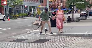 Liev Schreiber and wife Taylor Neisen walk their dog in NYC