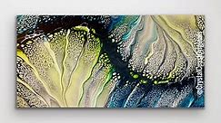 Lime Green and Blue Split Color Pattern Abstract Fluid Art Acrylic Pour Painting/ Swipe and Spin