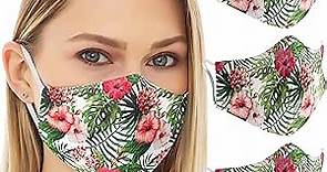 Designer Face Mask Reusable - Washable and Breathable 3 Filter Layers Fabric, , Comfort Cotton Cloth Cover (3 Pack), Floral Design Masks for Men and Women - Tropical Flowers