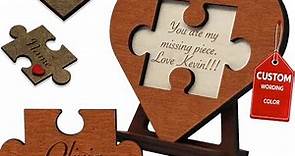 Personalized Romantic Gifts for Her - Custom Valentines Gifts for Him Engraved, Unique Valentine Puzzle Card, Wooden Heart Shaped Plaque, 5 Year Wood Anniversary Gift for Wife, Love Puzzle Piece Sign