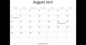 August 2017 Calendar Printable with Holidays and Moon Phases