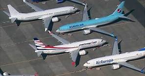 Boeing MAX 737 planes parked on airport apron in Moses Lake
