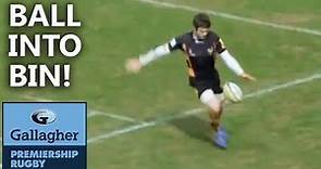 Elliot DALY kicks a rugby BALL into BIN during a match