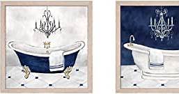 Navy Blue Bath by Cynthia Coulter, 2 Piece Rustic White Framed Art Set, 13.5 X 13.5 Inches Each, Bathroom Art