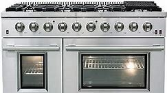 FORNO Galiano 48" Inch All Gas Double Oven Freestanding Gas Range with 8 Sealed Burners Cooktop 107,000 BTU and 6.58 Cu. Ft. Double Convection Oven - Stainless Steel Cast Iron Grates.