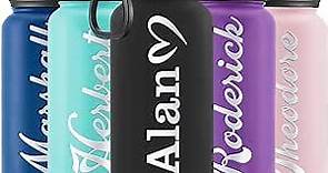 Personalized Water Bottles with Straw and Lid, Custom 32oz Laser Engraved Stainless Steel Sports Water Bottle w/Name and Text - Double Wall + Vacuum Insulated