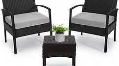 Tappio Outdoor Furniture 3 PCS Patio Wicker Conversation Set, Patio Bistro Sets Outdoor Patio Chairs Furniture Set w/ Table and Grey Cushions
