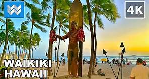 [4K] Waikiki Beach at Night in Honolulu Hawaii - Walking Tour & Travel Guide 🎧 Binaural Sound