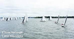 An aerial view of the E Scow Nationals on Lake Mendota