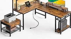 Marsail L Shaped Computer Desk with Power Outlet & LED Strip, Reversible Corner Desk with Storage Shelf & Monitor Stand, L Shaped Desk Gaming Desk with Separate Printer Stand for Home Office