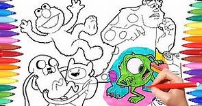 Cartoon Characters Coloring Book Page 1: Monster & Co, Adventure Time and Elmo