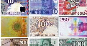 Banknotes, Bills of the Dutch Guilder. Notes in circulation when the euro was introduced. Last Issue