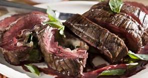 Red Wine Marinated Flank Steak Filled with Prosciutto, Fontina and Basil with Cabernet-Shallot Reduction