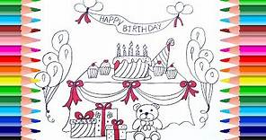 How to Draw a Birthday Party Set for Kids | Coloring Pages Cake, Presents, Hat, Balloons,Teddy bear