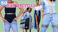 50 Ways to Upcycle Jeans You Can't Fit! | DIY clothes thrift flip