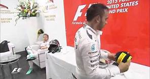 Nico Rosberg throwing the P2 cap back at Lewis Hamilton- USGP 2015