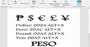 Shortcut key for peso sign symbol in MS Word