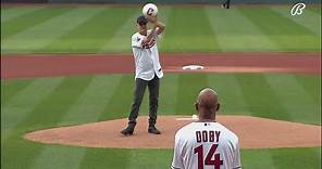 Tom Hanks, with Wilson, throws first pitch at Cleveland Guardians' home opener vs. Giants