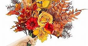 Artificial Fall Flowers Bouquets, 21.6” Autumn Fake Silk Orange Flowers Wedding Bouquets with Fall Florals Stems for Bridal Bridesmaid, Rustic Home Thanksgiving Table Centerpiece Decor