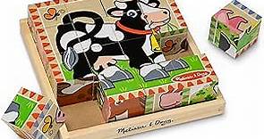 Melissa & Doug Farm Wooden Cube Puzzle With Storage Tray - 6 Puzzles in 1 (16 pcs) - Toddler Animal Puzzle -FSC-Certified Materials, 8.25 x 8.2 x 2.25