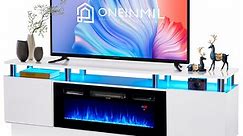 Oneinmil Fireplace TV Stand, Entertainment Center for TVs up to 80", 70” TV Stand with 36'' Electric Fireplace, LED Lights Entertainment Center, TV Console, White