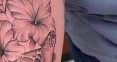 Sea turtle with hibiscus. By: Luis www.wyldesydestattoo.com . #tattoo #flowerstattoo #blackandgraytattoo #turtletattoo #wyldesydestattoo #sandiegotattooartist #sleevetattoo #tattoosleeve | Wylde Sydes Tattoo & Body Piercing