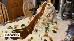 Mum creates Jurassic Park-themed mashed potato mountain with dinosaur nuggets and gravy lava slide