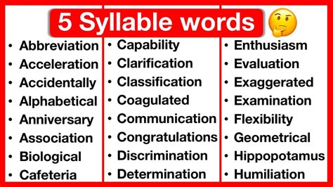 10 examples of 5 syllable words