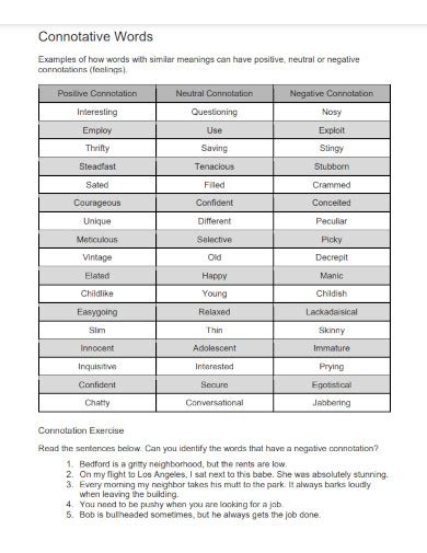 10 examples of connotation sentences with answers pdf