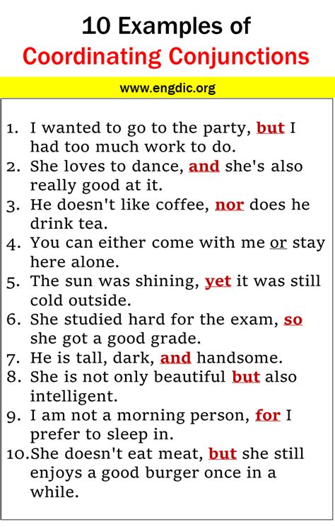 10 examples of coordinating conjunctions in a sentence