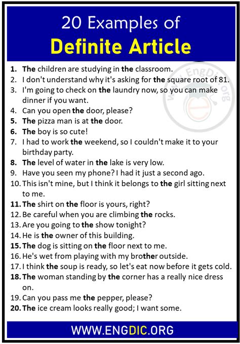 10 examples of definite articles in english