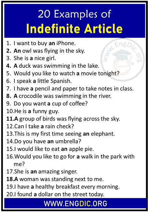 10 examples of indefinite articles with answers