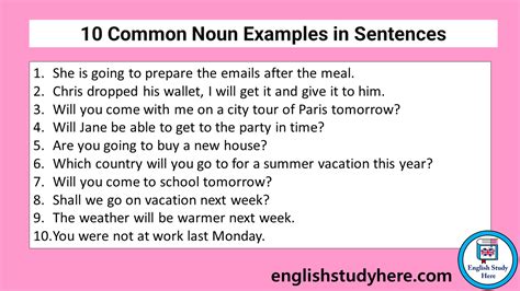 10 examples of noun sentences with answers for class 7