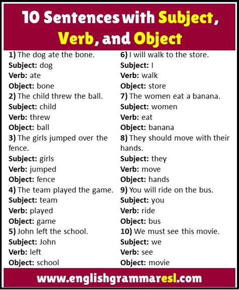 10 examples of subject verb object sentences with answers