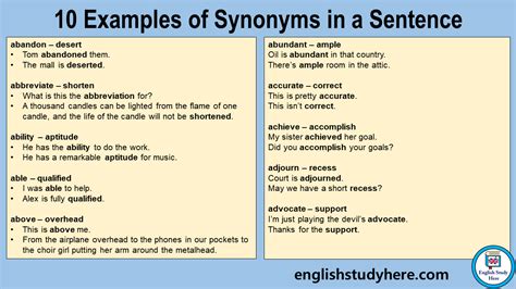 10 examples of synonyms with sentences for students