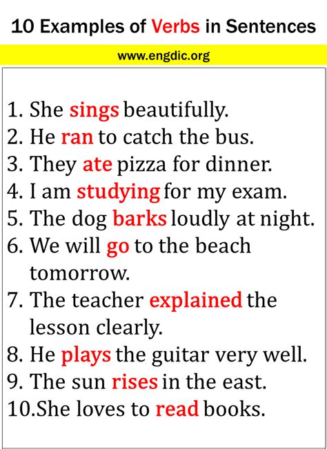 10 examples of verb sentences with answers