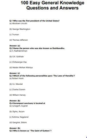 100 easy general knowledge questions and answers pdf in english