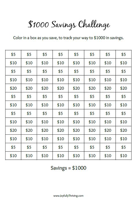 1000 Savings Challenge Printable