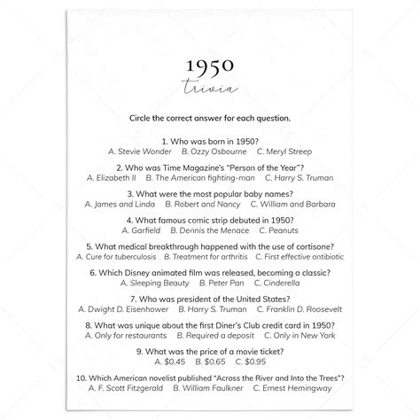 1950's Trivia Questions And Answers Printable