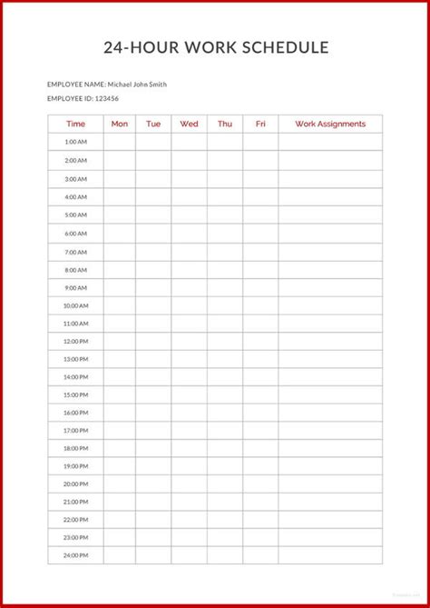 24 hour daily schedule template excel