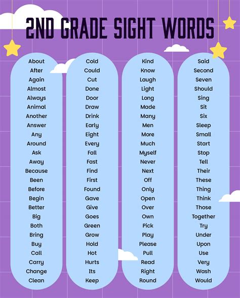 2nd Grade Printable Second Grade Sight Words
