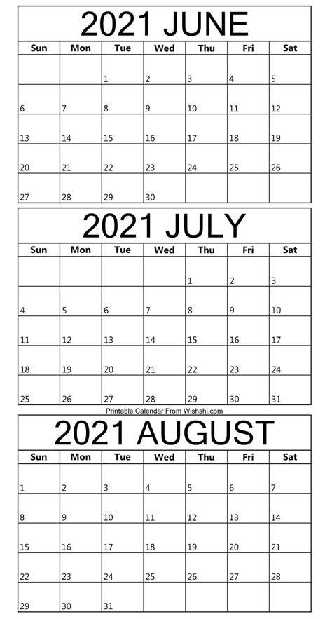 3 Month Calendar Printable June July August 2017