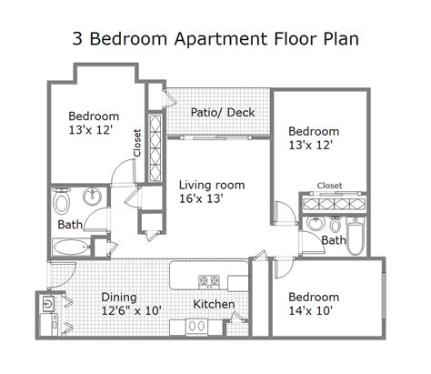3 bedroom apartment floor plans with dimensions