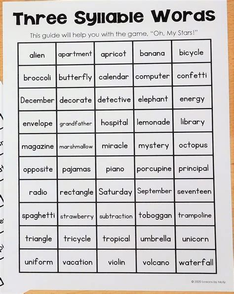 3 syllable word list 3rd grade