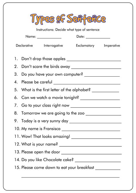 4 types of sentences with examples worksheet