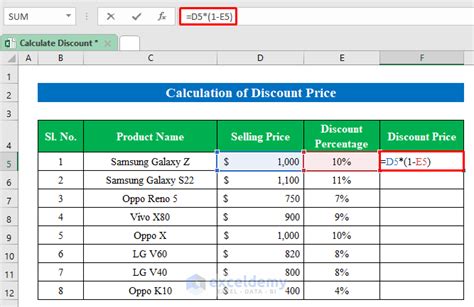 5 discount formula in excel