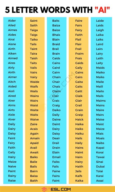 5 letter words with ai in second and third place