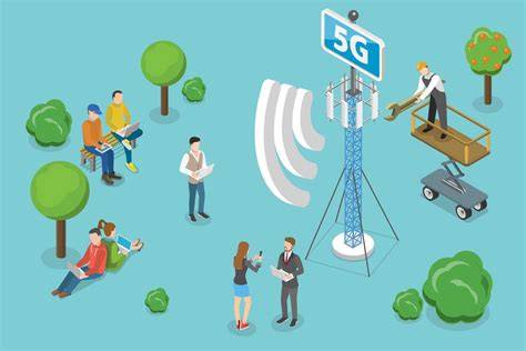 Ilustrasi menara telekomunikasi dengan sinyal 5G