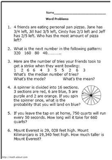 5th grade math problems with answer key