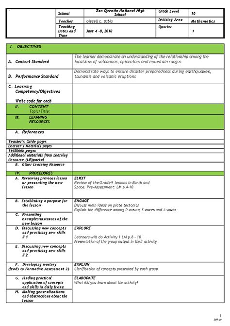 7es lesson plan in science template